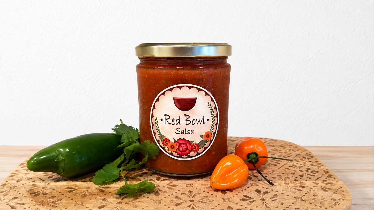 Jar of Red Bowl Salsa on a wooden board with peppers and cilantro on a white background