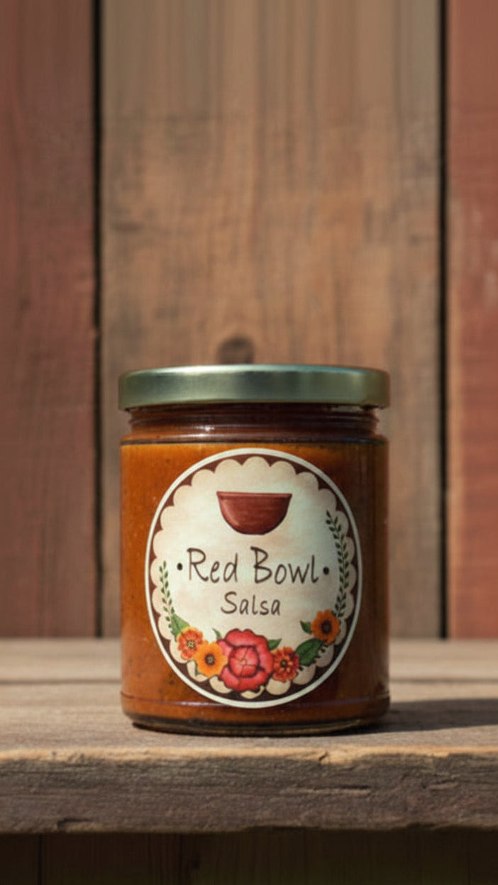 Jar of Red Bowl Salsa with a decorative label against a natural background
