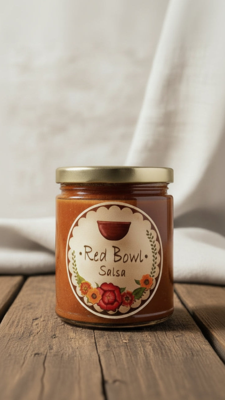 Jar of Red Bowl Salsa with a decorative label against a natural background