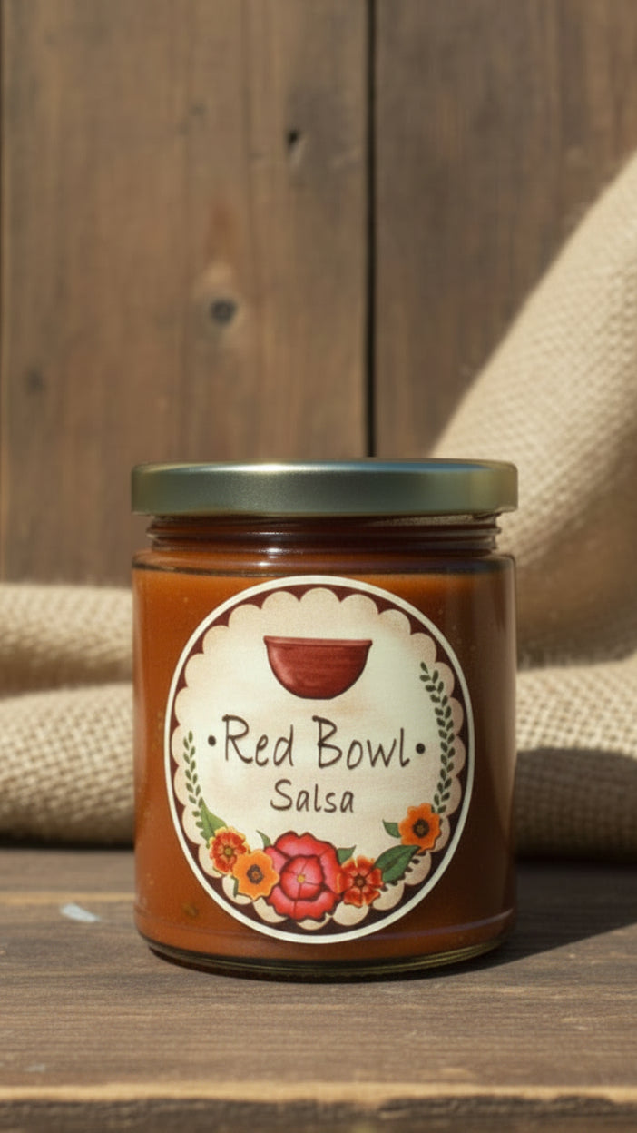 Jar of Red Bowl Salsa with a decorative label against a natural background
